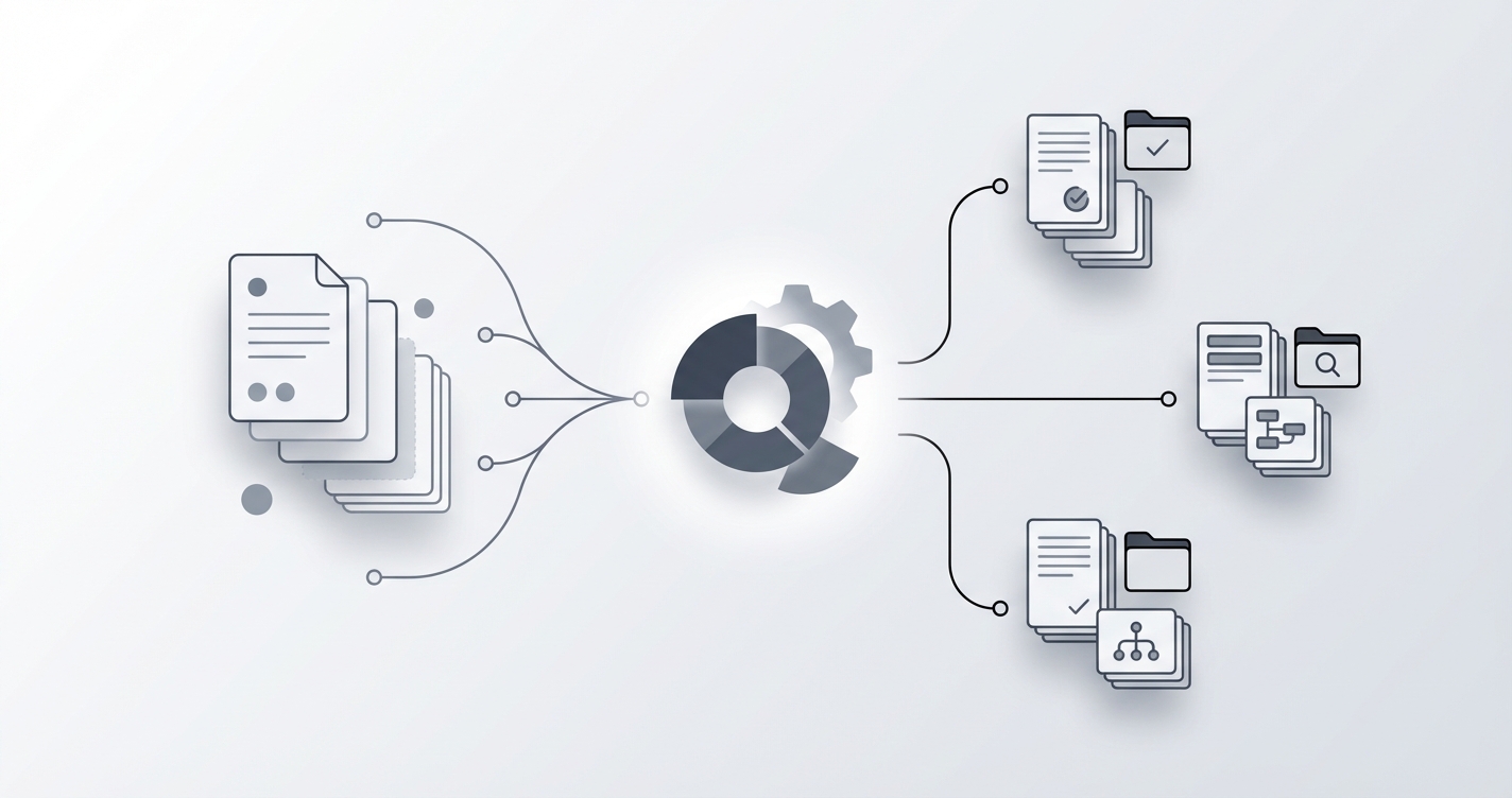 Conceptual image of documents being sorted and categorized using AI and code.