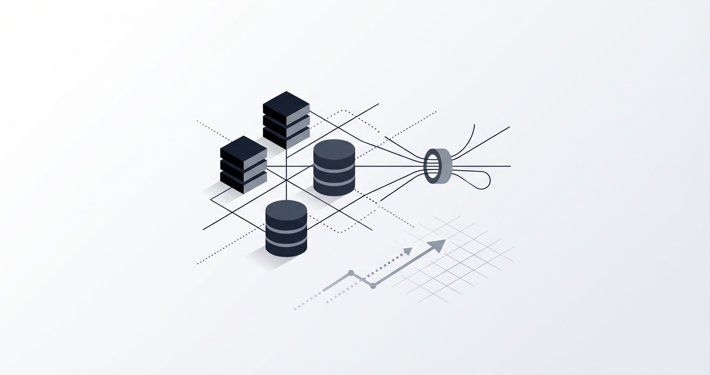 Abstract illustration of database connections flowing between application and database server.